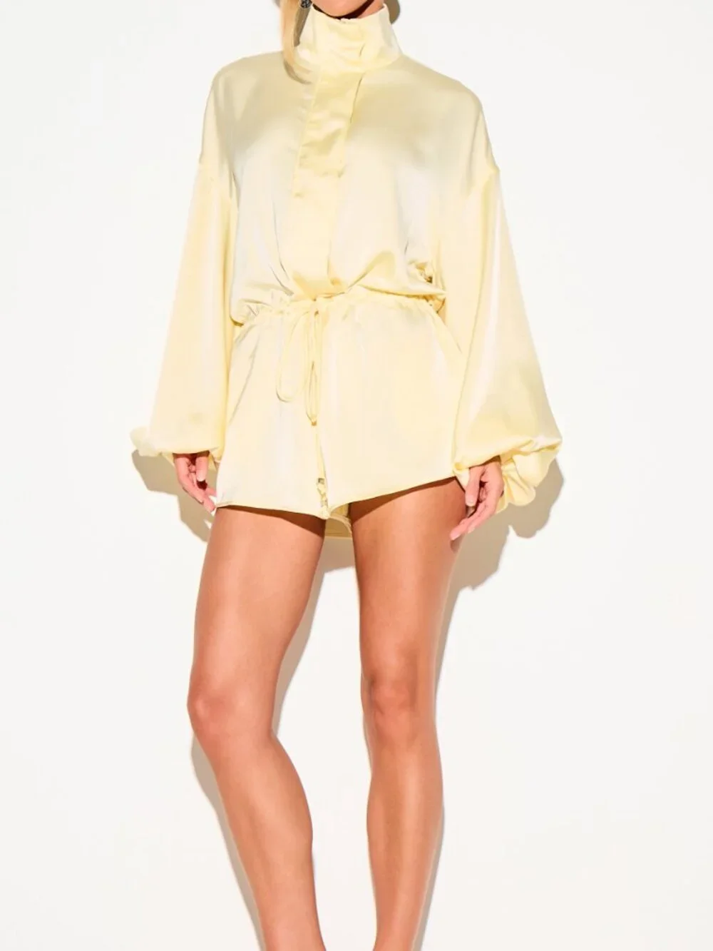 Yellow Casual Women's Mini Funnel Neck Playsuit with Balloon Sleeves